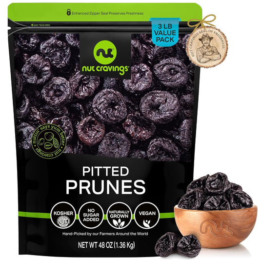 NUT CRAVINGS - Dried Prunes Pitted Unsweetened, Dry Plums No Sugar Added (48oz, 3 LB) Bulk Dry Fruits Packed Fresh in Resealable Bag - Sweet Healthy Snack, Naturally Grown, Vegan, Kosher