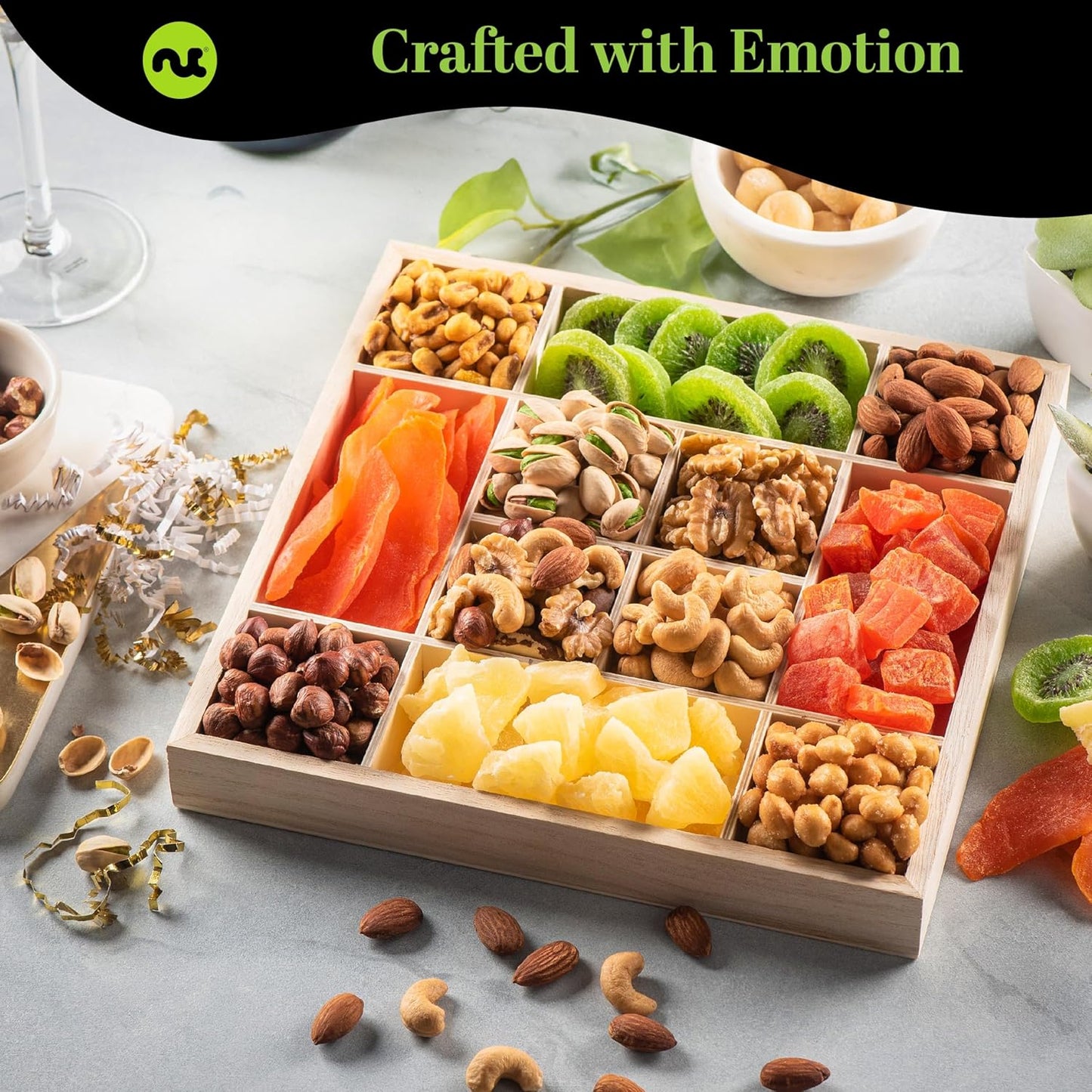 NUT CRAVINGS - Rosh Hashana & Shana Tova Dried Fruit & Mixed Nuts Gift Basket in Reusable Wooden Tray + Ribbon (12 Assortments) Food Arrangement, Healthy Snack Care Package, Food Assortments