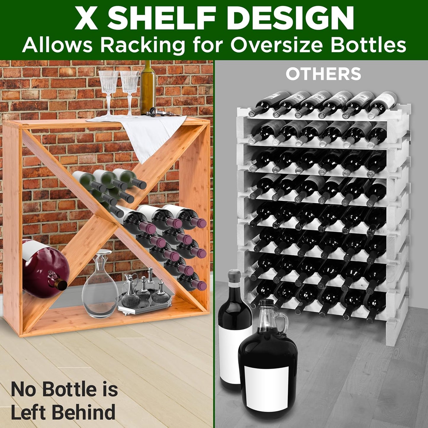 24 Bottle Bamboo Stackable Wine Rack - X Frame Cube Wobble-Free Modular Liquor Display Shelves | Can Hold up to 220.5 lbs (Natural)