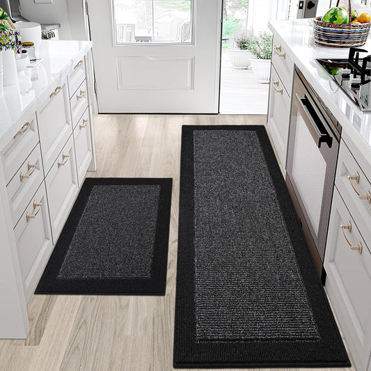 BEQHAUSE Kitchen Rugs and Mats Set of 2 Non-Slip Kitchen Mats for Floor, Absorbent and Stain Resistant Kitchen Runner, Machine Washable Rugs for Kitchen, Laundry & Sink, 24"x36"+24"x60", Black