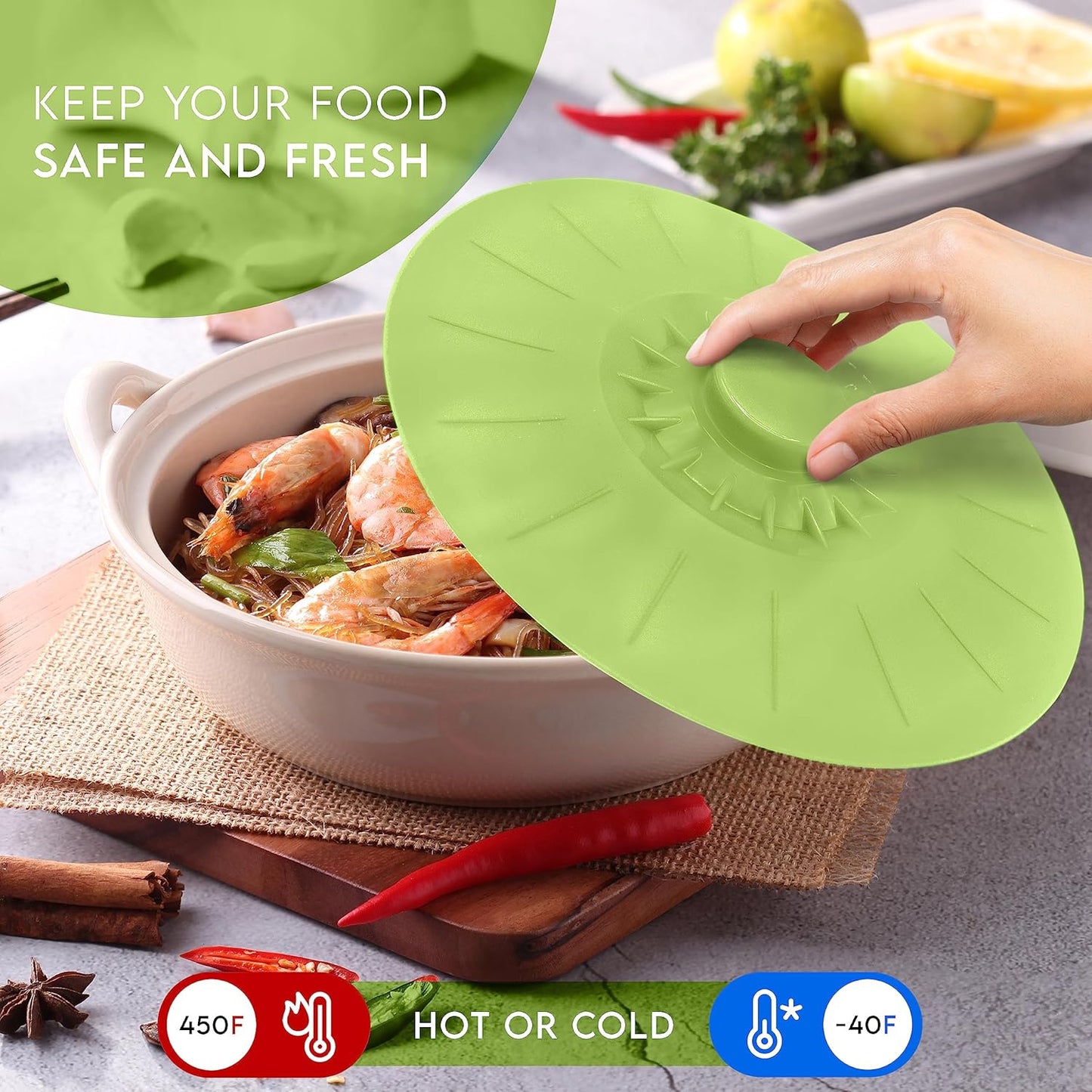 Silicone Bowl Lids Green Set of 5 Reusable Suction Seal Covers for Bowls, Pots, Cups. Food Safe. Natural grip, interlocking handles for easy use and storage.