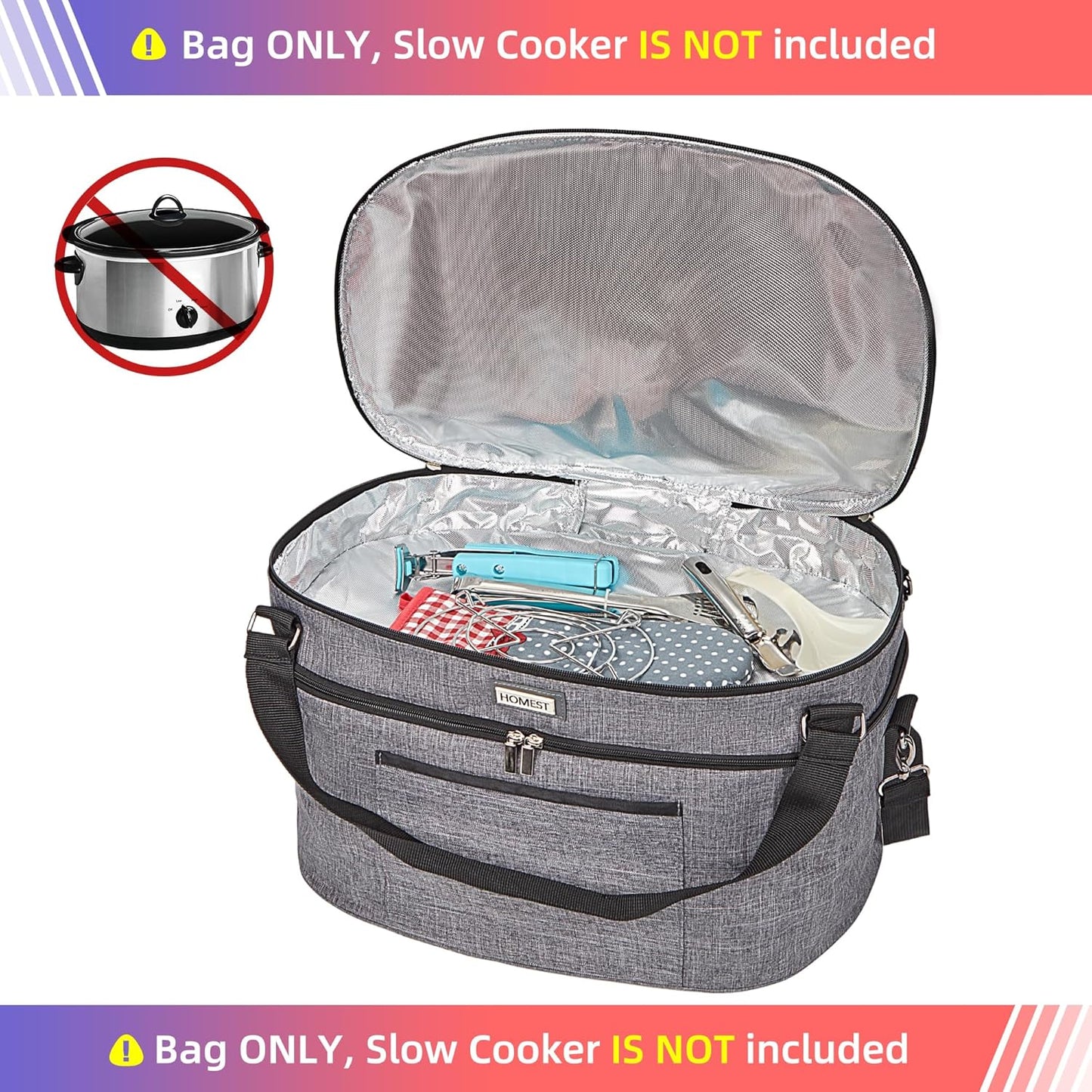 HOMEST Slow Cooker Bag for Crock-Pot 6-8 Quart, Insulated Travel Carrier with Easy to Clean Lining, Carry Case with Top Zip Compartment and Accessory Pocket