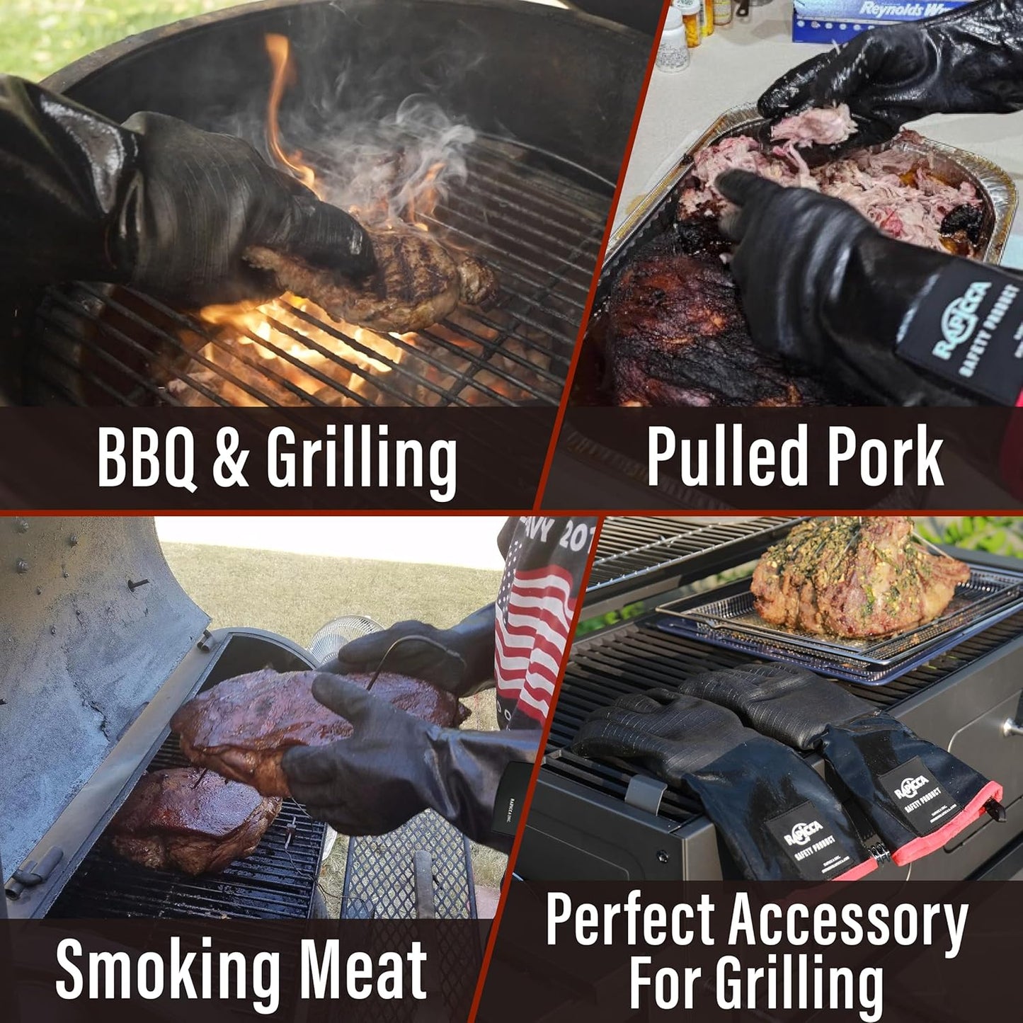 RAPICCA 932°F Heat Resistant BBQ Grill Gloves: Oil Resistant Waterproof for Smoking Grilling Cooking Barbecue Deep Frying Turkey Rotisserie Handling Hot Greacy Meat Stocking Stuffers - Long Sleeve