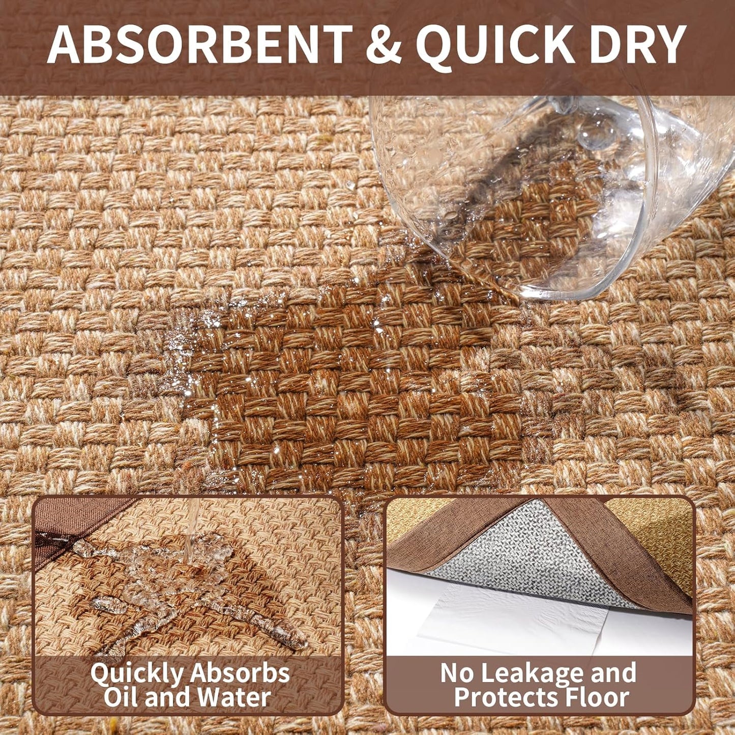 Kitchen Mats for Floor, Rubber Backing Kitchen Rugs Non Slip Washable, Super Absorbent Jute-Like Braid Kitchen Runner Rug Sink Mat Standing Mat, Easy to Clean, Brown 17"x30"