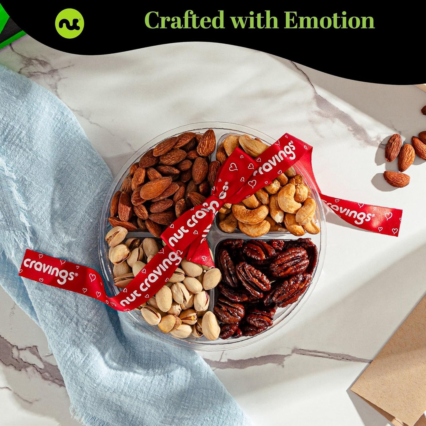 NUT CRAVINGS - Mixed Nuts Gift Basket + Heart Ribbon (4 Assortments) Food Arrangement, Healthy Snack Care Package, Food Assortments