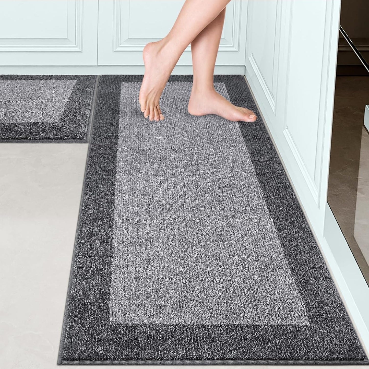 Machine Washable (24" x 36"+ 24" x 60"') Kitchen Rugs Set of 2, Non Slip Kitchen Mats for Floor, Absorbent Entrance Runner Rugs for Bedroom, Hallway, Bathroom, Door (Roll Packing)