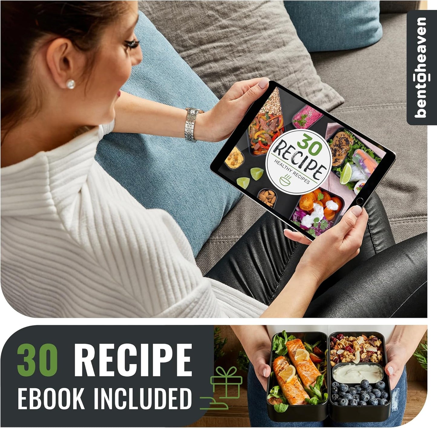 Bentoheaven Premium Bento Box Adult Lunch Box with Compartments for Women & Men, Set of Utensil & Chopsticks & Dip Container, Cute Japanese Kids Bento Lunch Box, Microwavable (Whispering Gray)