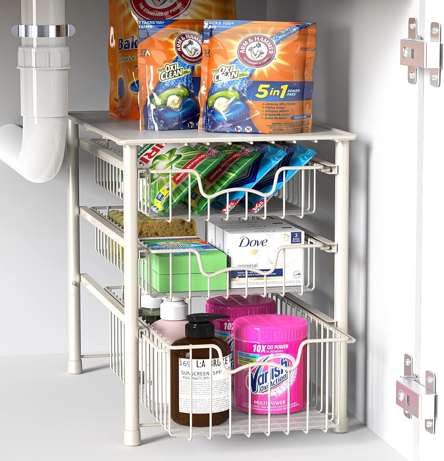 Simple Houseware 3-Tier Stackable Sliding Basket Storage Organizer Drawer for Bathroom and Kitchen, White