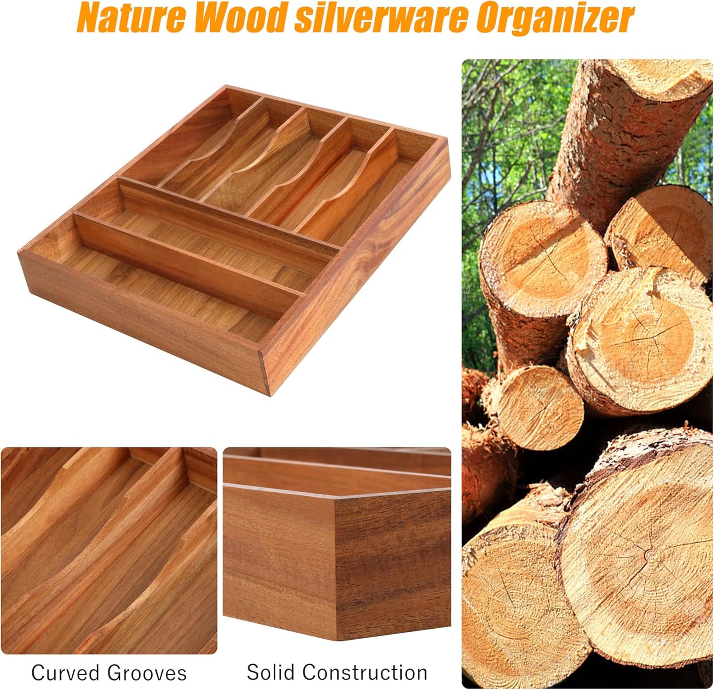 Bellsal Bamboo Silverware Organizer, 12"x15.7" Utensil Holder Cutlery Tray with Grooved Drawer Dividers for Kitchen Flatware, Bedroom, Office (7 Slot, Acacia)