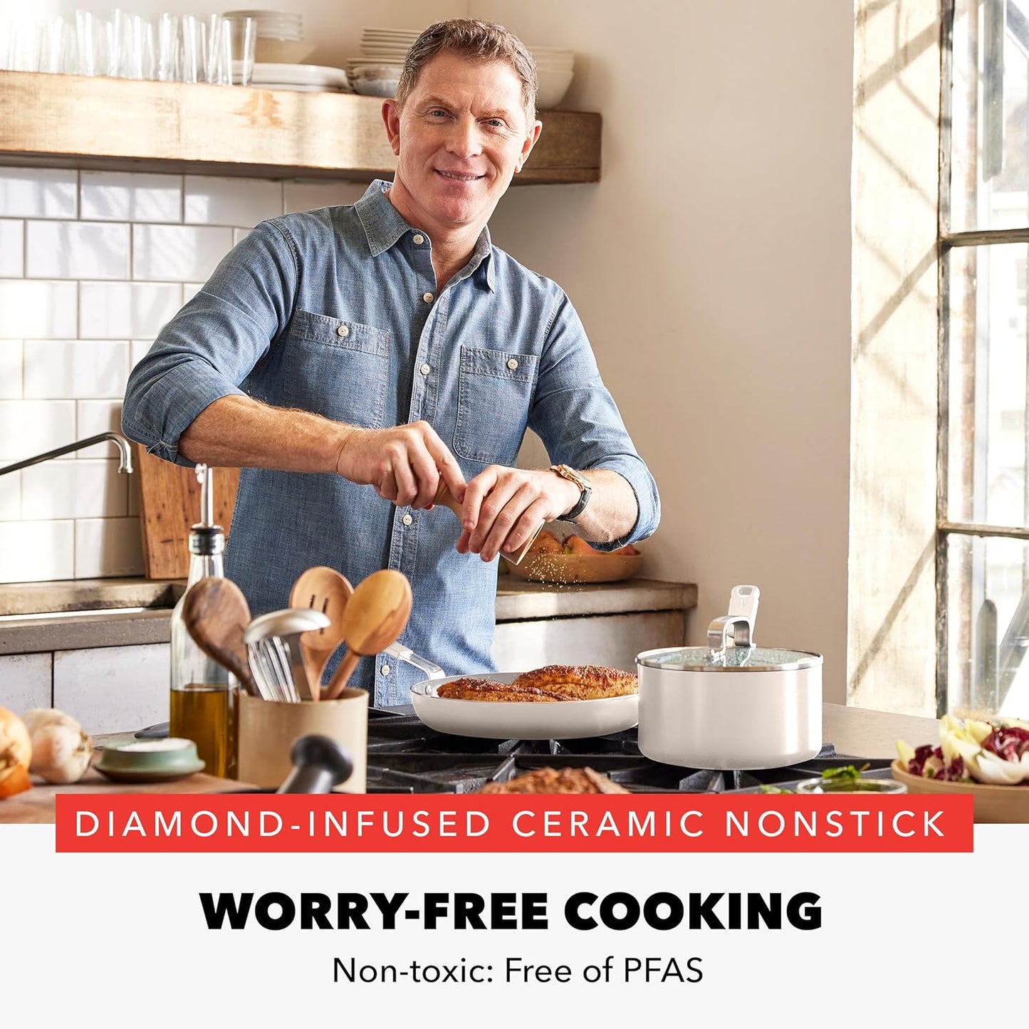 GreenPan x Bobby Flay 6QT Stockpot with Glass Lid, PFAS-Free Diamond Ceramic Nonstick Pot, Induction Suitable, Easy Clean Dishwasher & Oven Safe, Quick Heating, Pasta, Soups, Cream