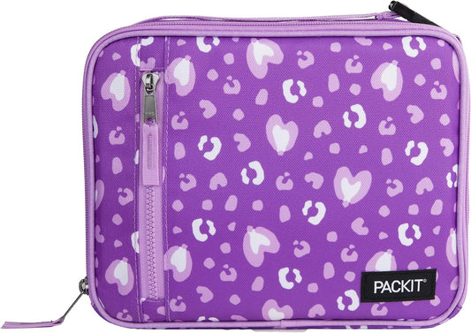 PackIt Freezable Classic Lunch Box, Leopard Hearts Purple, Built with ECOFREEZE Technology, Reusable, Zip Closure With Zip Front Pocket and Buckle Handle, Designed for Fresh Lunch On the Go