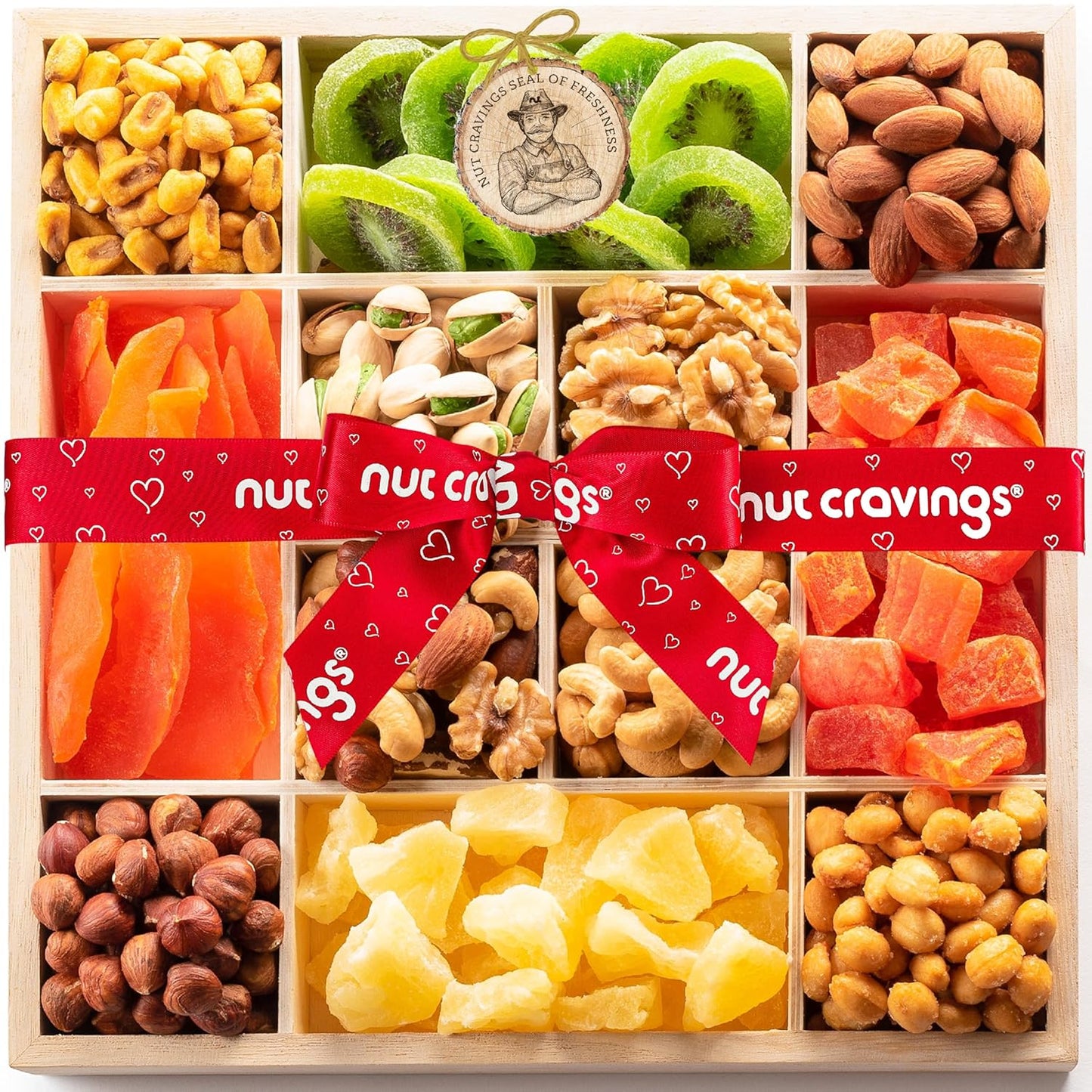 NUT CRAVINGS - Rosh Hashana & Shana Tova Dried Fruit & Mixed Nuts Gift Basket in Reusable Wooden Tray + Ribbon (12 Assortments) Food Arrangement, Healthy Snack Care Package, Food Assortments