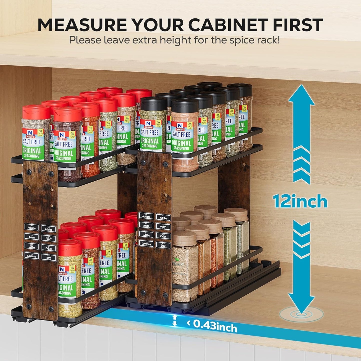 Nieifi Pull Out Spice Rack Organizer, 2 Tiers, Wood Grain, Spice Organization for Cabinet, Height Adjustable, Easy to Install