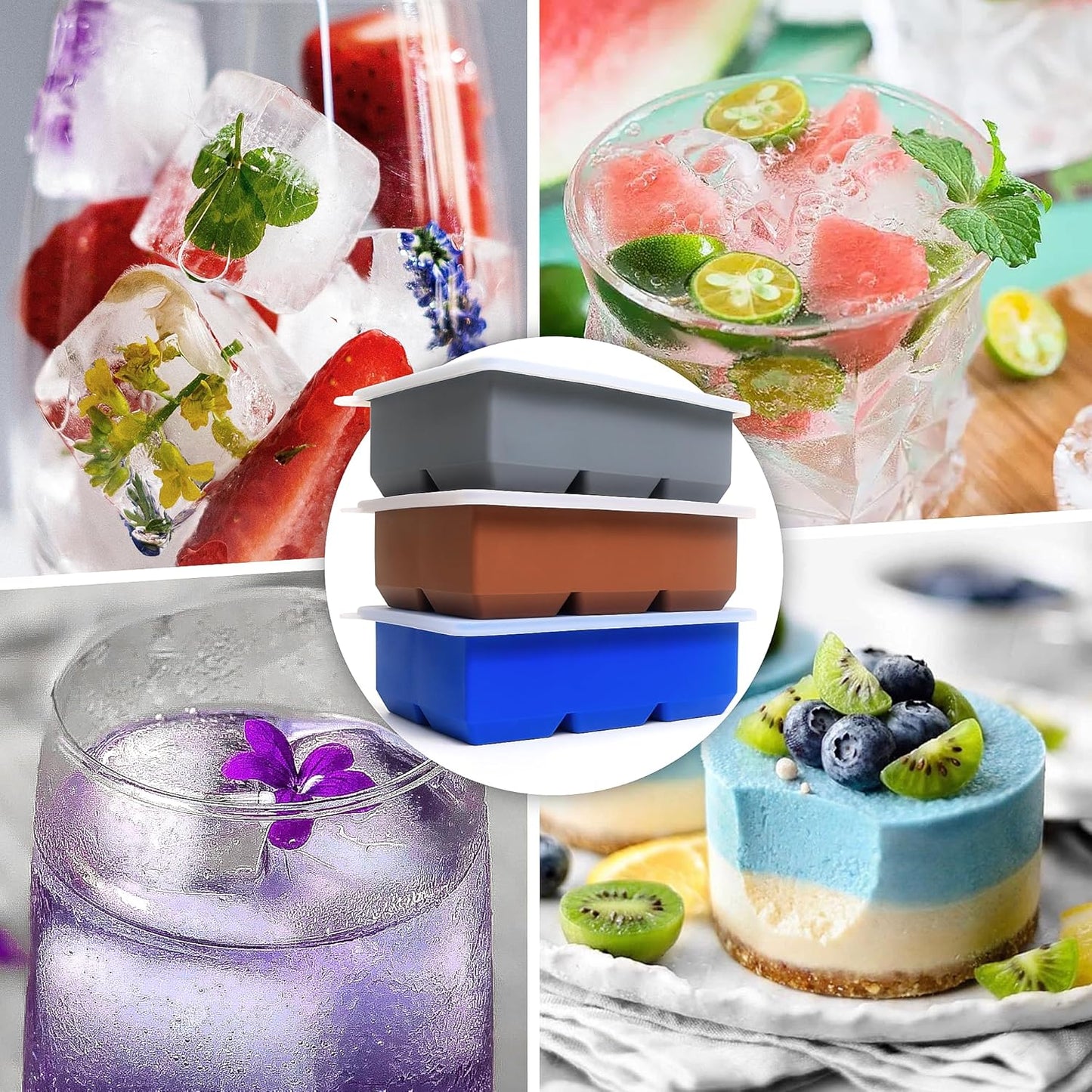 Silicone Ice Cube Trays 3 Pack - Large Size Silicone Ice Cube Molds with Leak Proof Removable Lid Square Ice Cube Tray And BPA Free for Cocktail,Whiskey, Stackable Flexible Ice