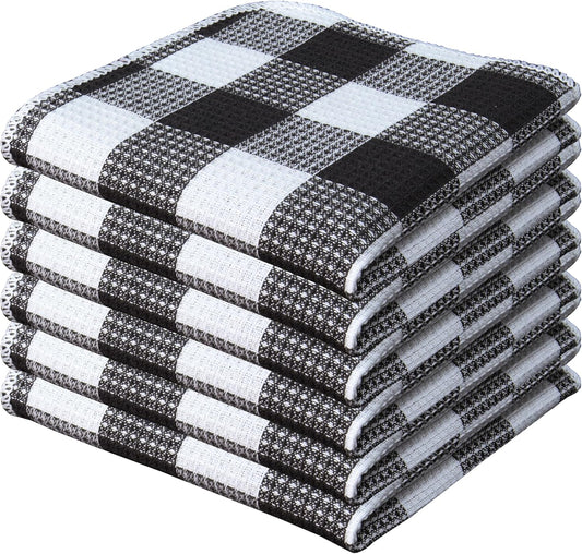 PurpleEssences Waffle Weave Plaid Dish Cloths, 100% Cotton - 12 x 12 Inches, Ultra Soft Absorbent Quick Drying Dish Towels Buffalo Check Dish Rags for Kitchen, 6 Pack - Spring Summer- Black and White