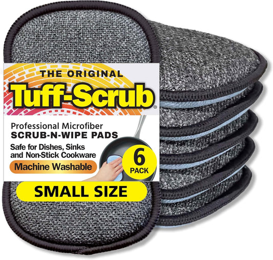Original Scrub-N-Wipe Pad by Tuff-Scrub, 6-Pack, Microfiber, Multi-Surface, Non-Scratch, Dual-Sided, Scrubber for Dishes, Sinks, Non-Stick Cookware – Machine Washable, Durable Kitchen Sponge (Small)