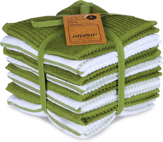 AMOUR INFINI Dish Cloths for Washing Dishes Set of 8 - Highly Absorbent, Super Soft Kitchen Dishcloths - Reusable Quick Dry Dish Rags for Cleaning & Drying Kitchen Linens (12x12 Inch - Green)