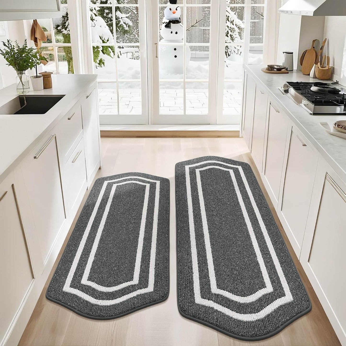 COSY HOMEER Long Kitchen Floor Mats for in Front of Sink Super Absorbent Kitchen Rugs and Mats 24"x48"+24"x59"Non-Skid Kitchen Mat Standing Mat Washable,Polypropylene,Dark Grey,Frame