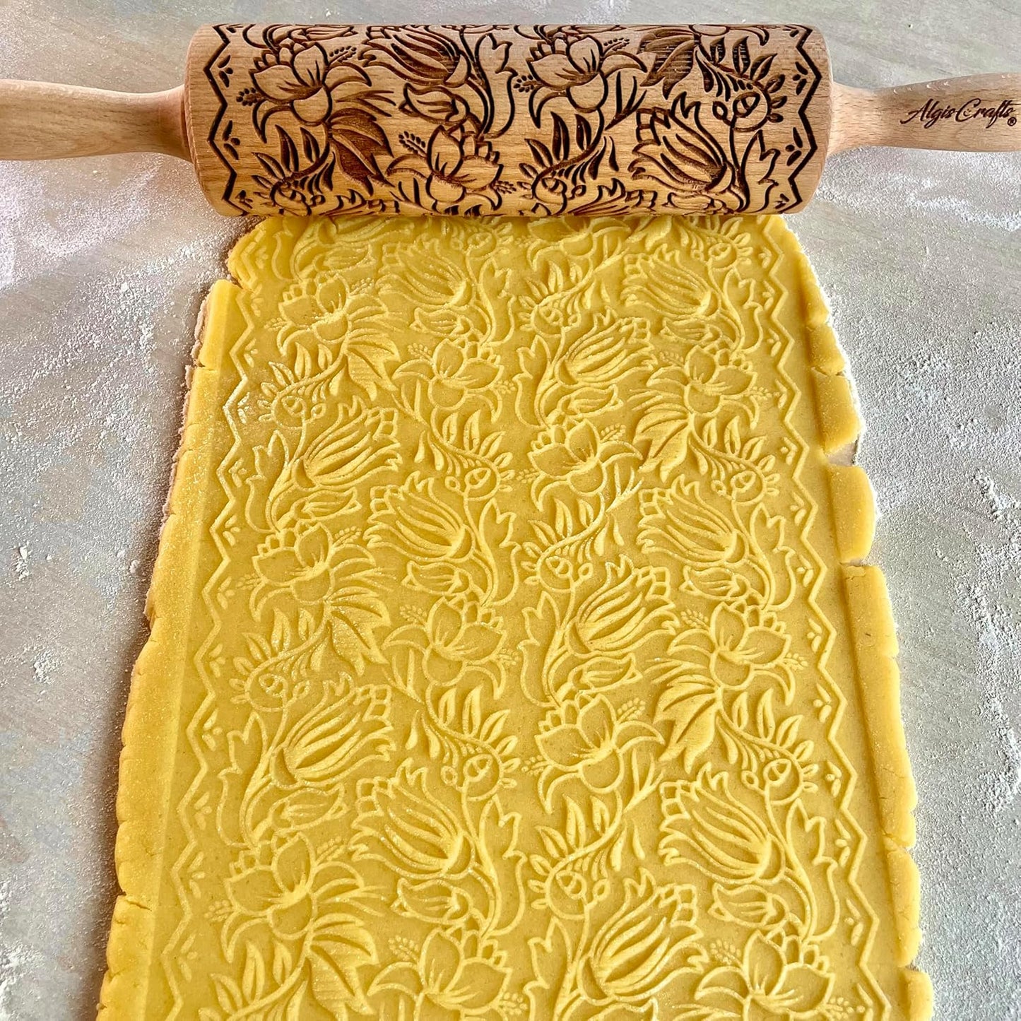 Embossing Rolling Pin BLOOMY with Floral Pattern – Dough and Clay Roller for Embossed Cookies and Pottery - Cookie and Ceramic Stamp - Baking Gifts for Women by Algis Crafts