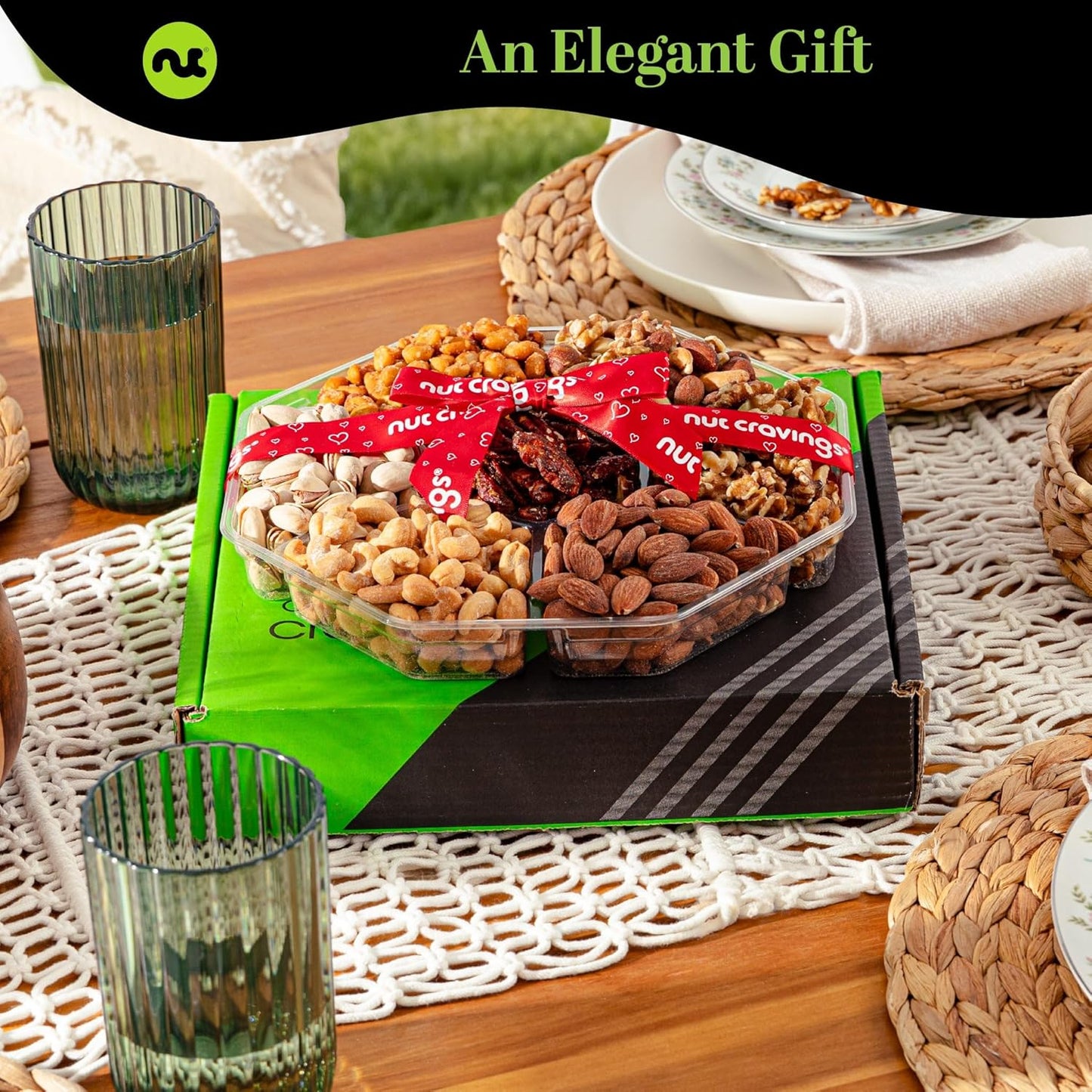 NUT CRAVINGS - Mixed Nuts Gift Basket + Heart Ribbon (7 Assortments) Food Arrangement, Healthy Snack Care Package, Food Assortments