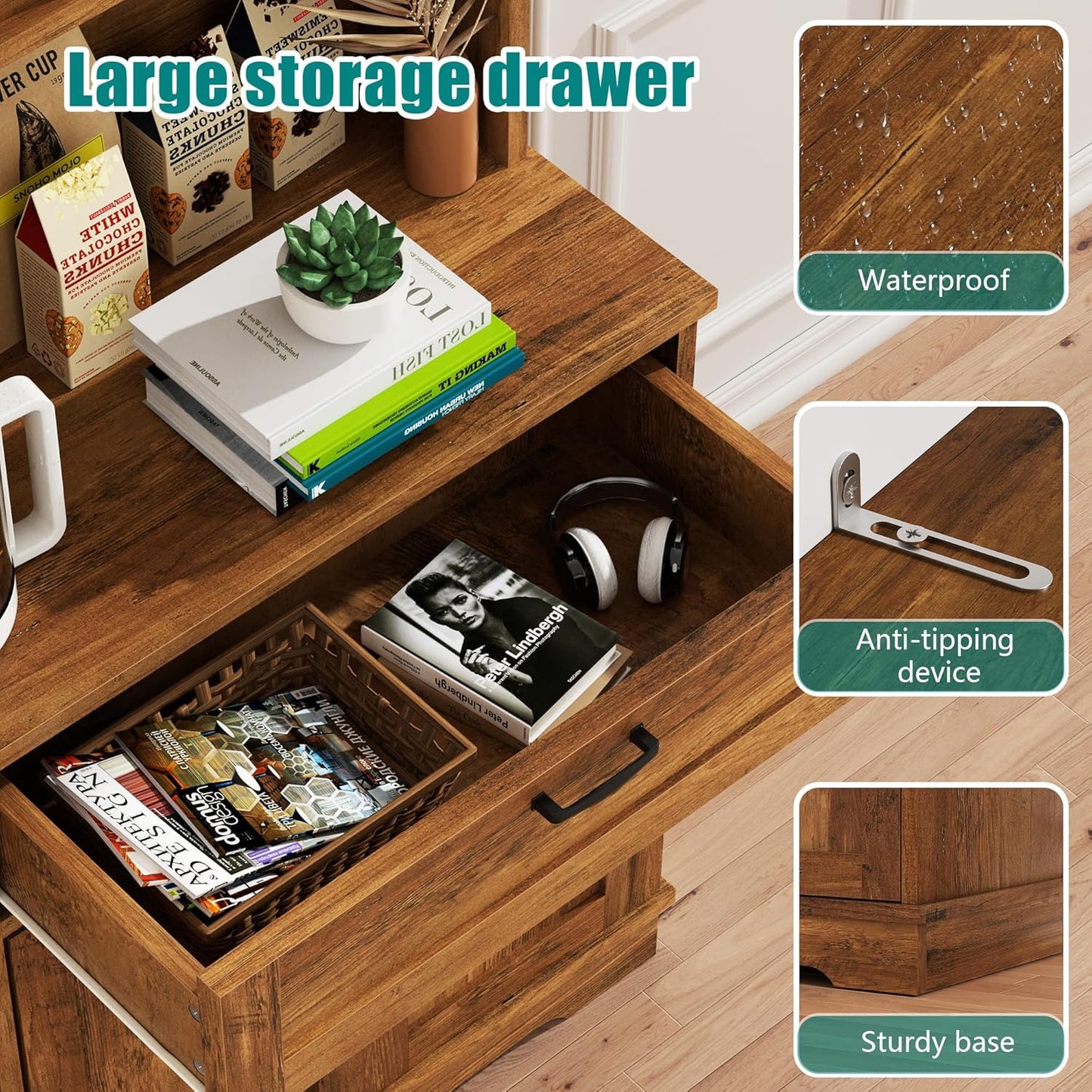 Vongrasig Tall Kitchen Pantry, Food Storage Pantry Cabinet with Hutch and Microwave Stand, Modern Coffee Bar Hutch with Adjustable Shelves for Kitchen, Dining Room, Brown