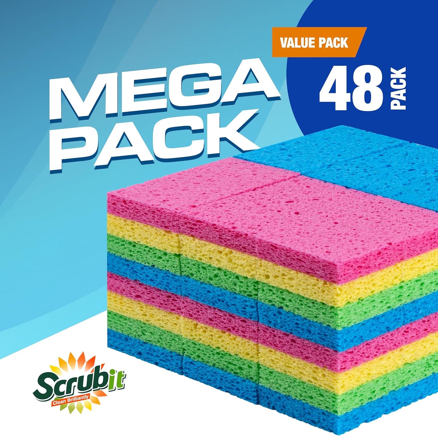 SCRUBIT 48-Count Sponges Kitchen for Dishes Cleaning - Non-Scratch Dish Scrub Sponge - Packaging May Vary, Natural Cellulose Kitchen Sponges