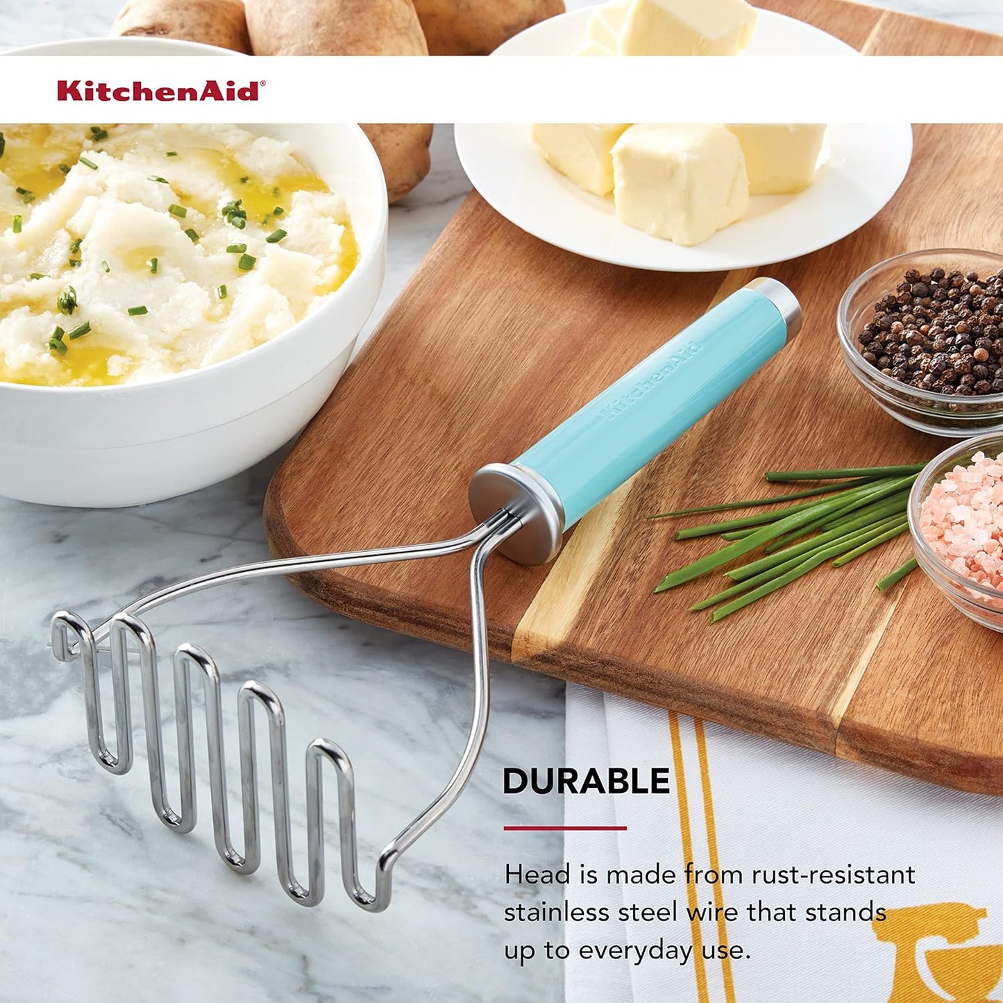 KitchenAid Gourmet Stainless Steel Wire Masher, 10.24-Inch, Aqua Sky