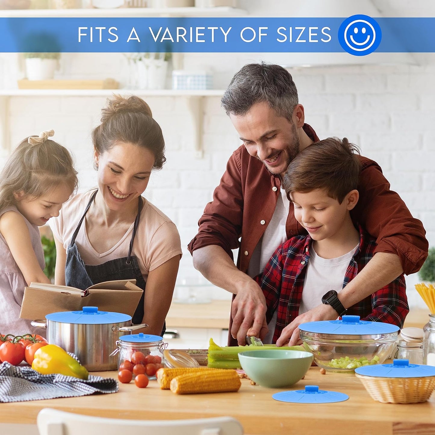 Silicone Bowl Lids Blue Set of 5 Reusable Suction Seal Covers for Bowls, Pots, Cups. Food Safe. Natural grip, interlocking handles for easy use and storage.