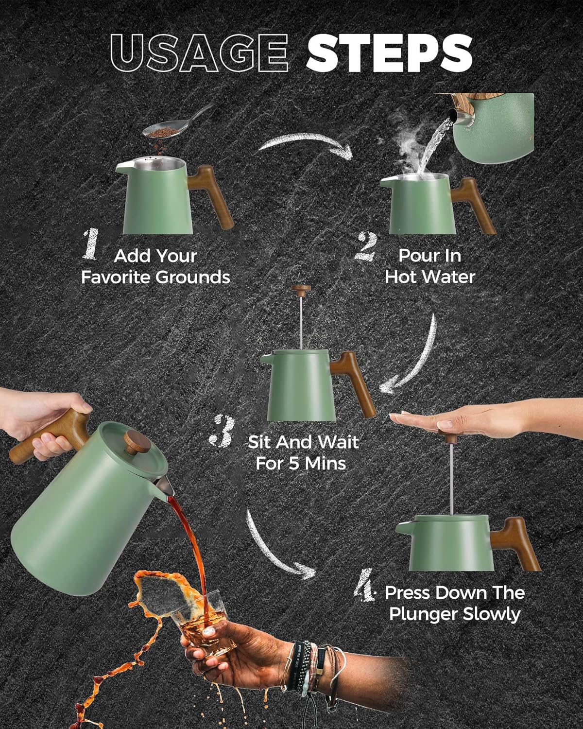 POLIVIAR French Press Coffee Maker, 34 oz Coffee Press with Real Wood Handle, Double Wall Insulation & Dual-Filter Screen, Food Grade Stainless Steel for Good Coffe and Tea, JX2025-XFPN