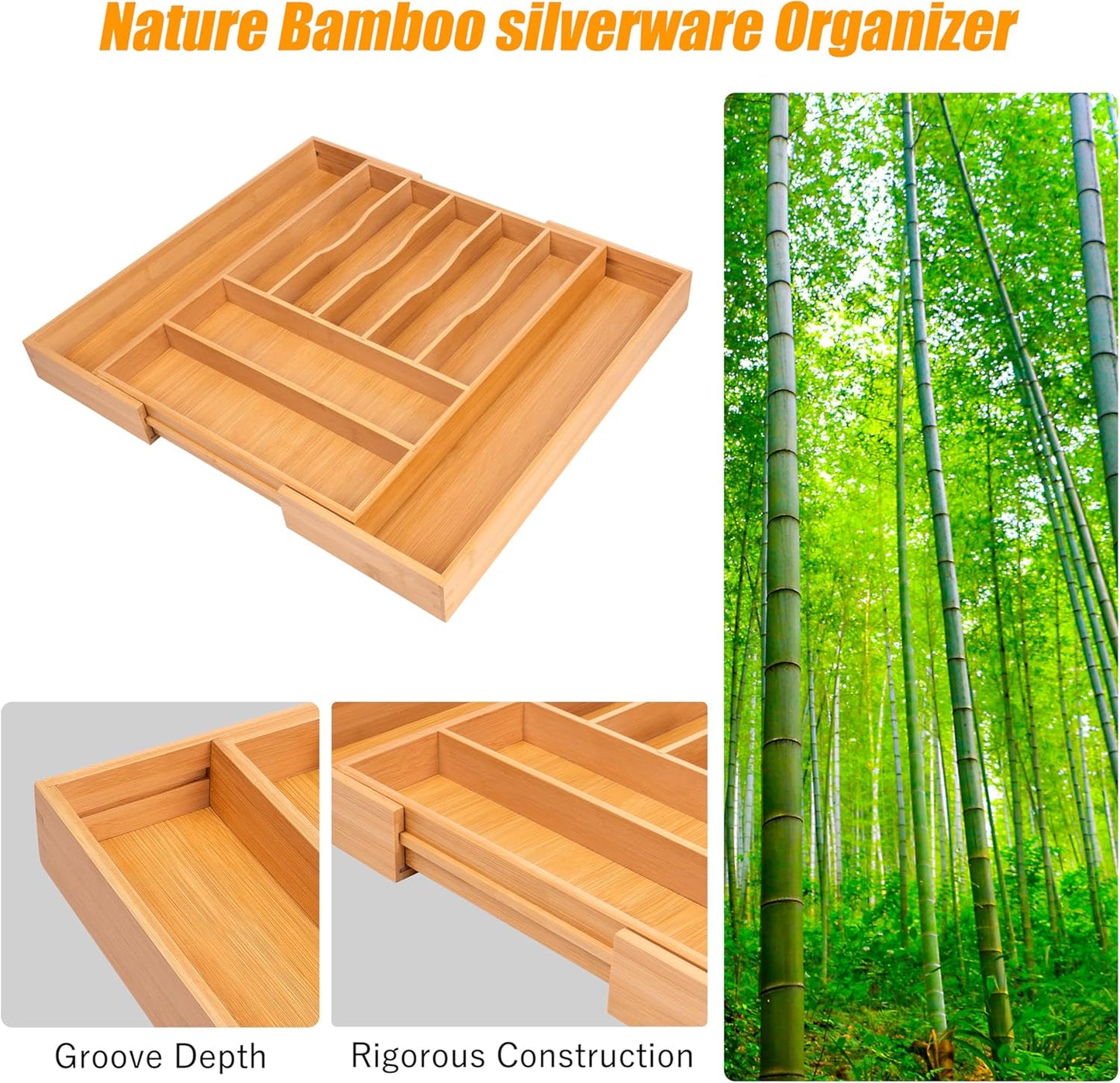 Bellsal Large Premium Bamboo Silverware Organizer - Expandable Utensil Drawer Organizer - 17"x19.6" Utensil Holder and Cutlery Tray with Grooved for Kitchen Flatware and Utensils Mother's Day Gift