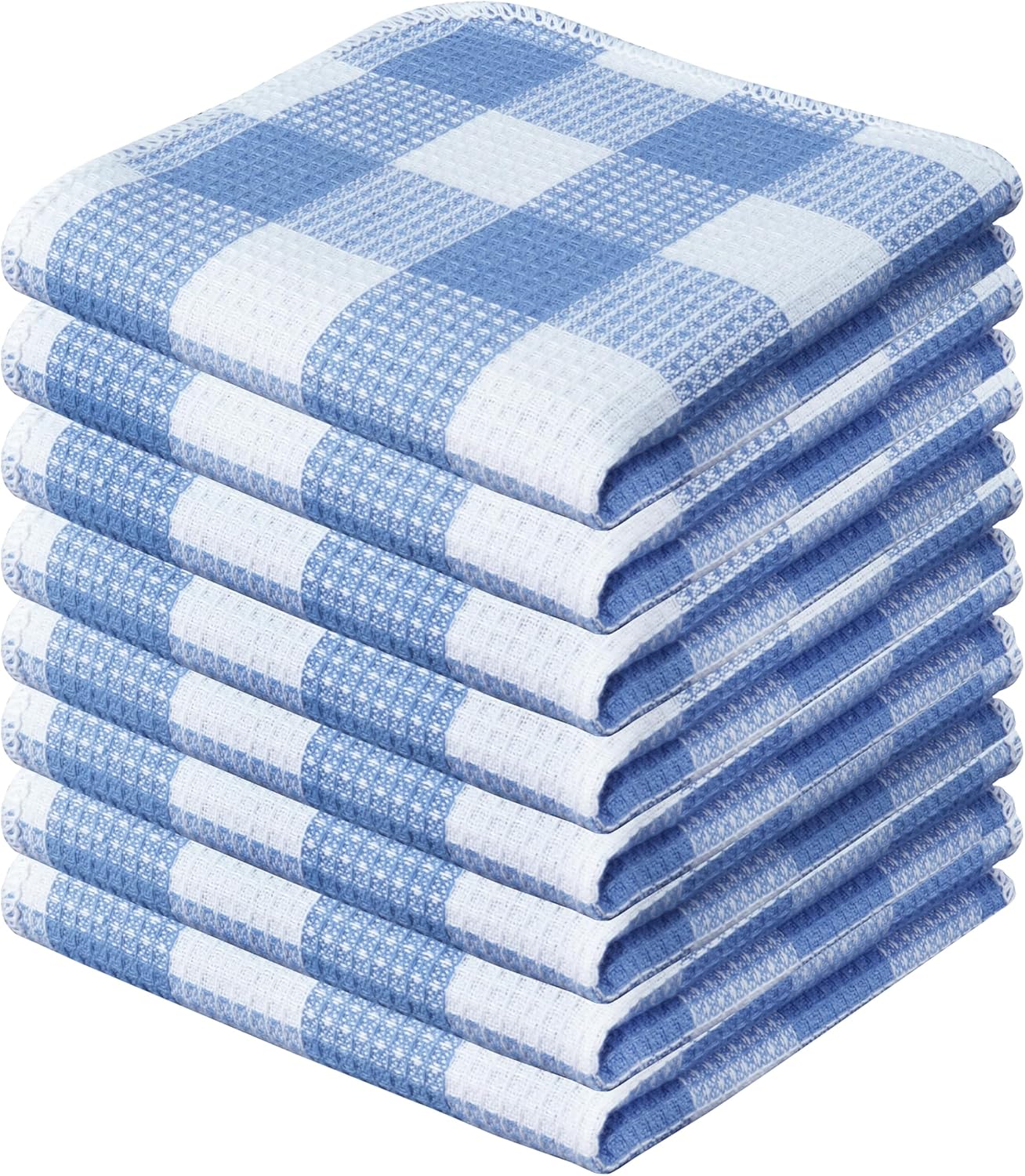 Waffle Weave Plaid Dish Cloths, 100% Cotton - 12 x 12 Inches, Ultra Soft Absorbent Quick Drying Dish Towels Buffalo Check Dish Rags for Kitchen, 8 Pack - Spring Summer - Light Blue & White