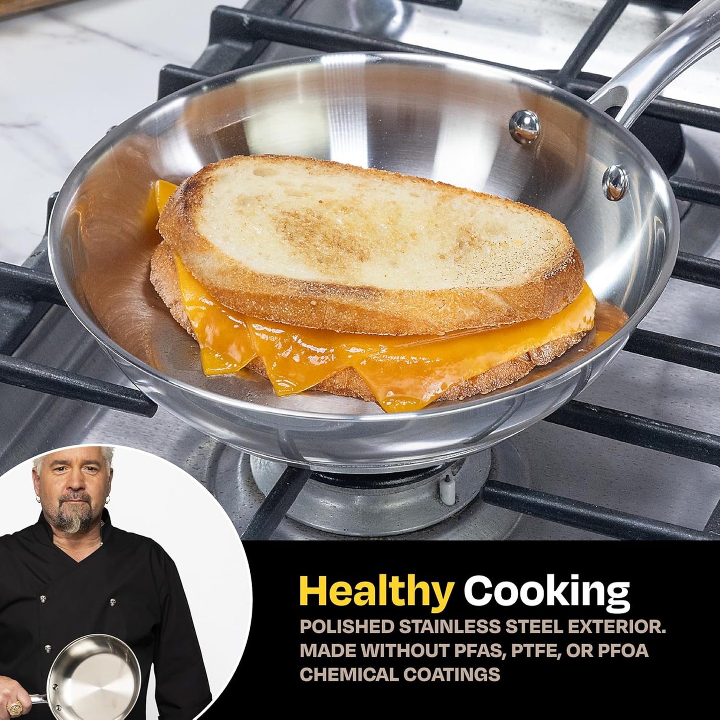 Guy Fieri's Flavortown 8" Stainless Steel Fry Pan - Premium Three-Layer Skillet, Oven-Safe up to 500F