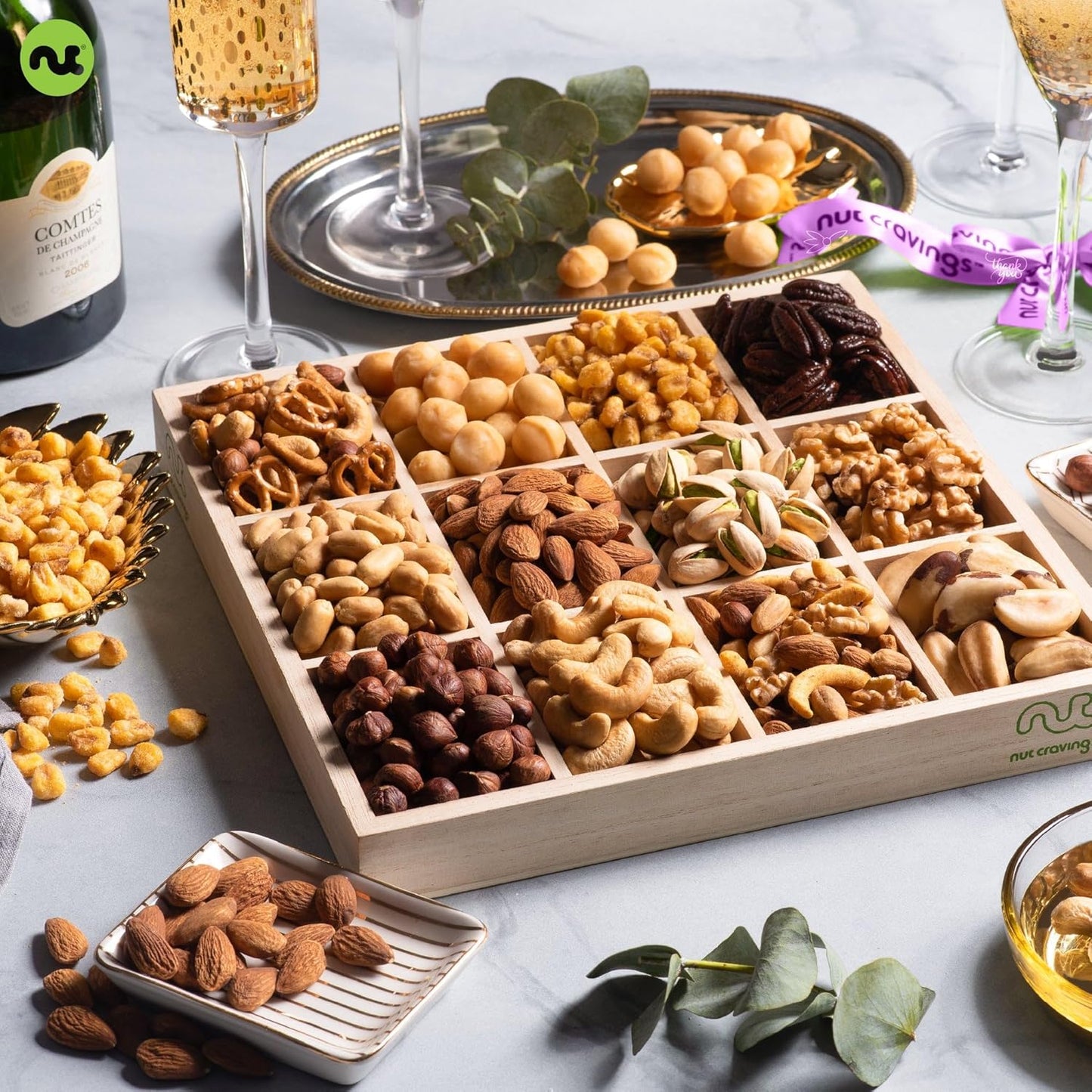 NUT CRAVINGS Gourmet Collection - Thinking of You, Nuts Gift Basket with Thinking of You Ribbon + Greeting Card in Reusable Wooden Tray (12 Assortments) Food Arrangement, Healthy Snack, Food Assortments