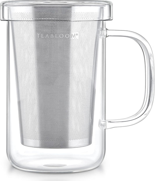 Teabloom Premium Borosilicate Glass Mug with Stainless Steel Loose Leaf Tea Infuser and Lid/Dish - 12 Ounces (350 mL)