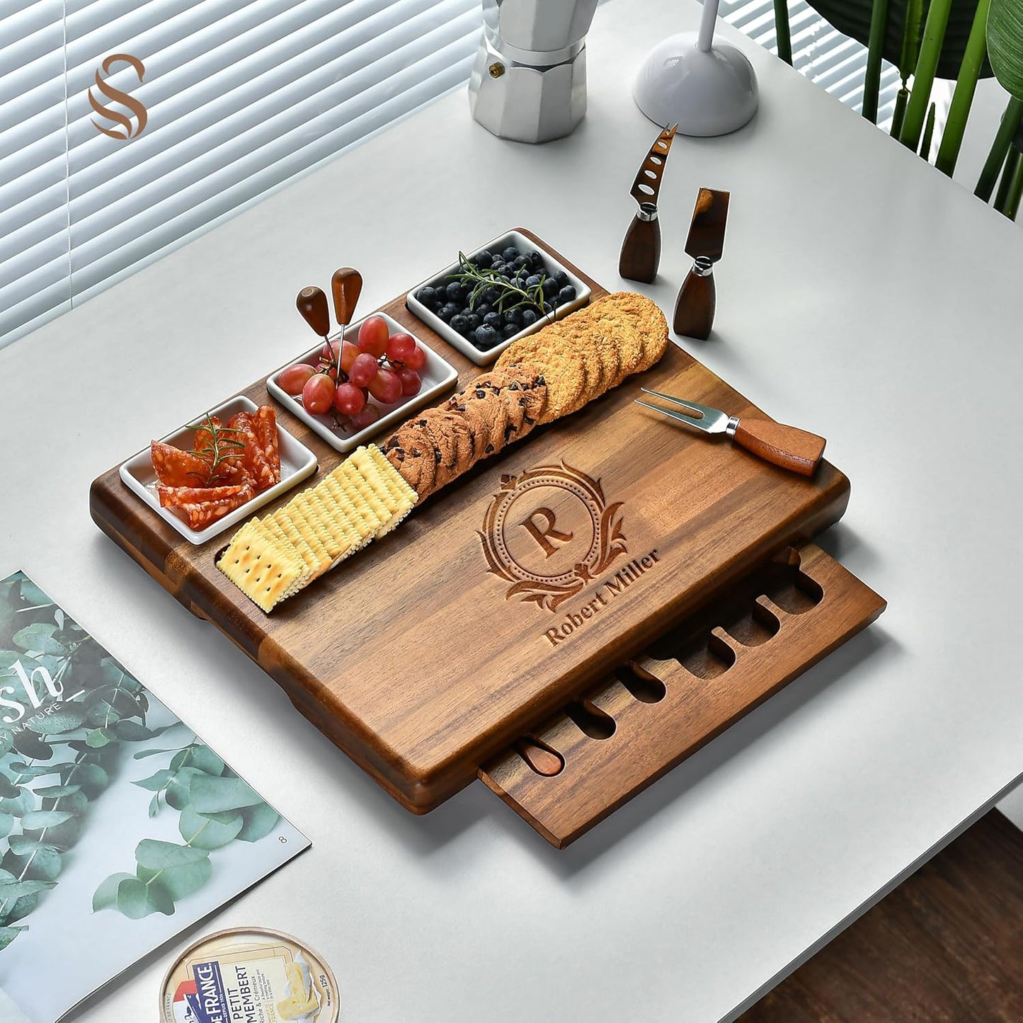 Shanik Large Acacia Wood Charcuterie Board Set with 3 Removable Ceramic Bowls & Serving Utensils - Housewarming, Wedding, Bridal Shower, Home and Kitchen, New Home Gift Ideas for Women, Gifts for Her