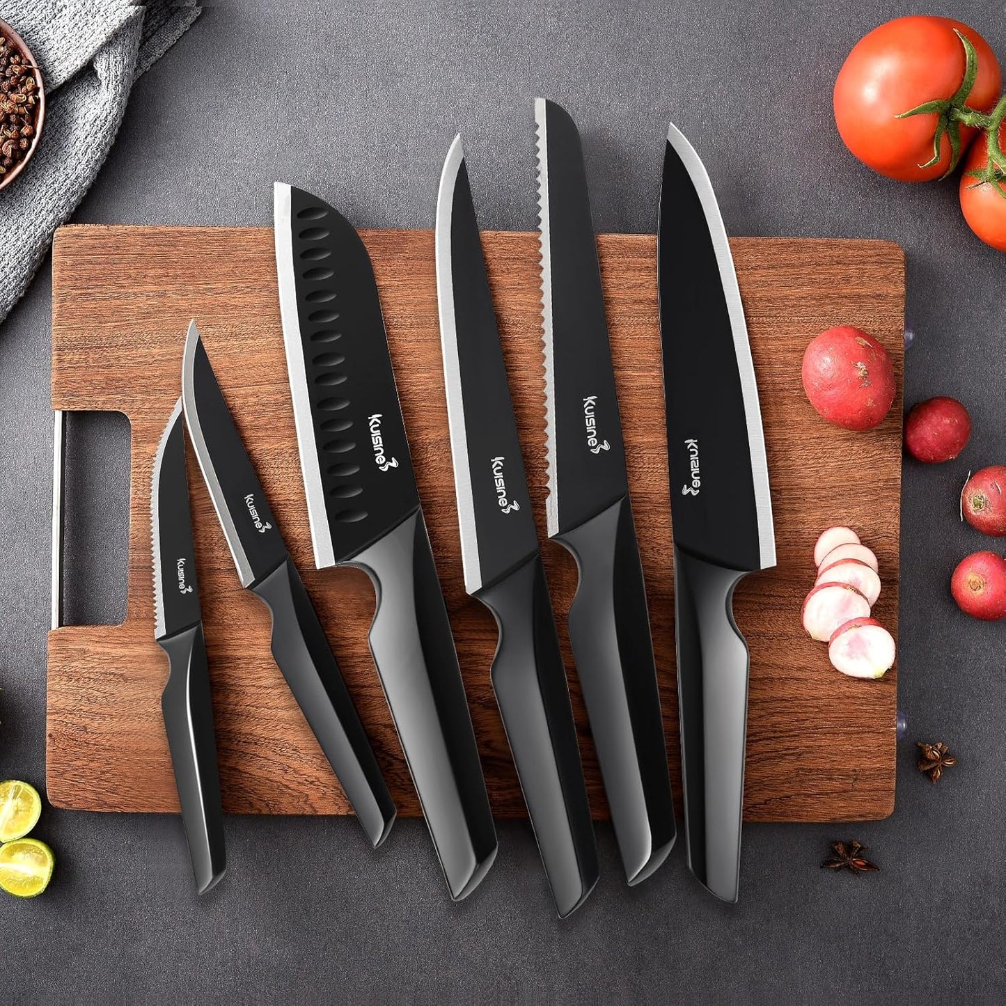 Kuisine Premium Knife Set,One-piece Steel Molding,High Carbon Stainless Steel Ultra Sharp,Non-slip Ergonomic Solid Steel Handle,Built-in Sharpener Knife Block Set,Luxury Gift(15PCS,Black)