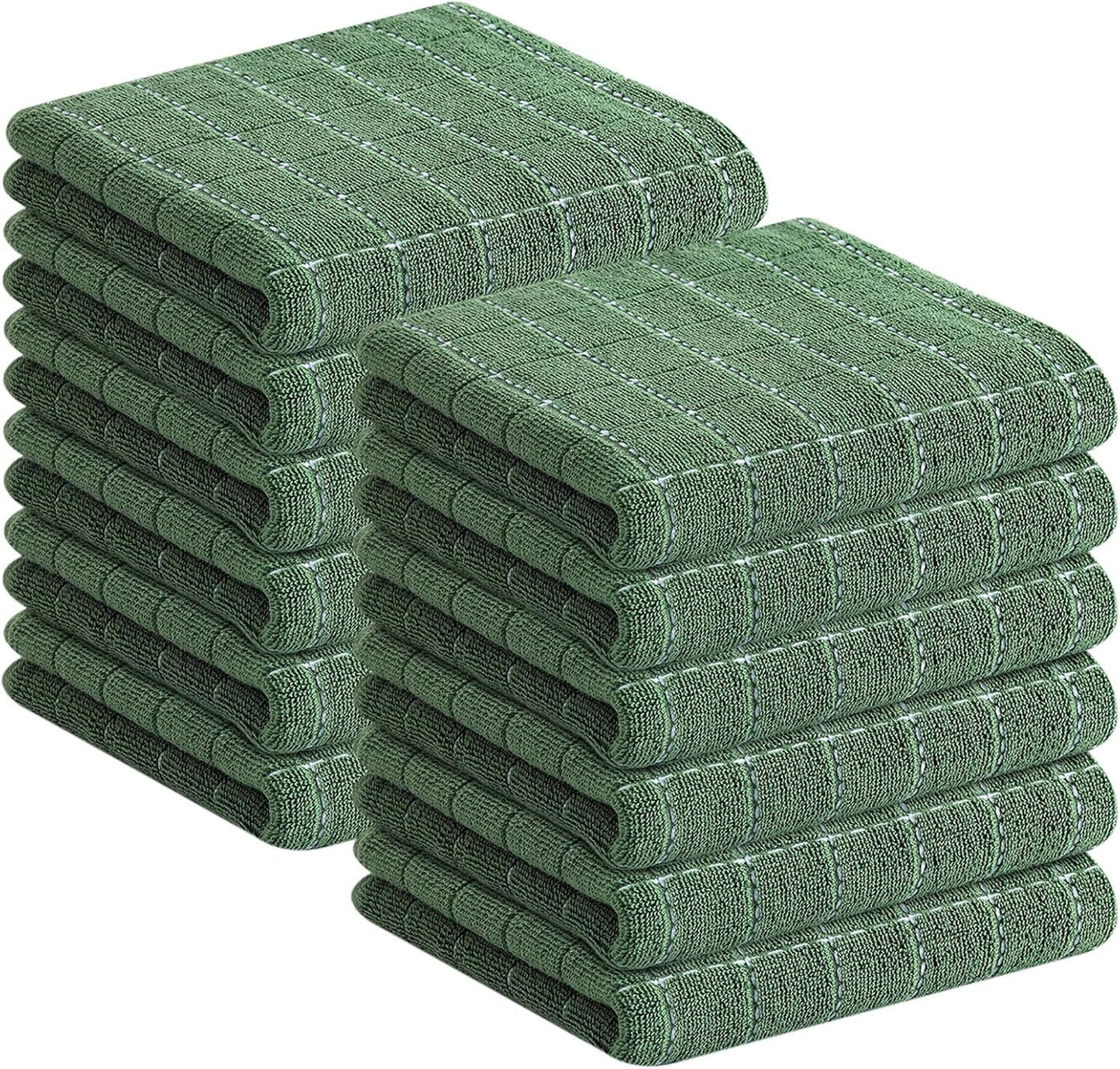 Homaxy 100% Cotton Terry Kitchen Towels(Grass Green, 13 x 28 inches), Checkered Designed, Soft and Super Absorbent Dish Towels, 12 Pack