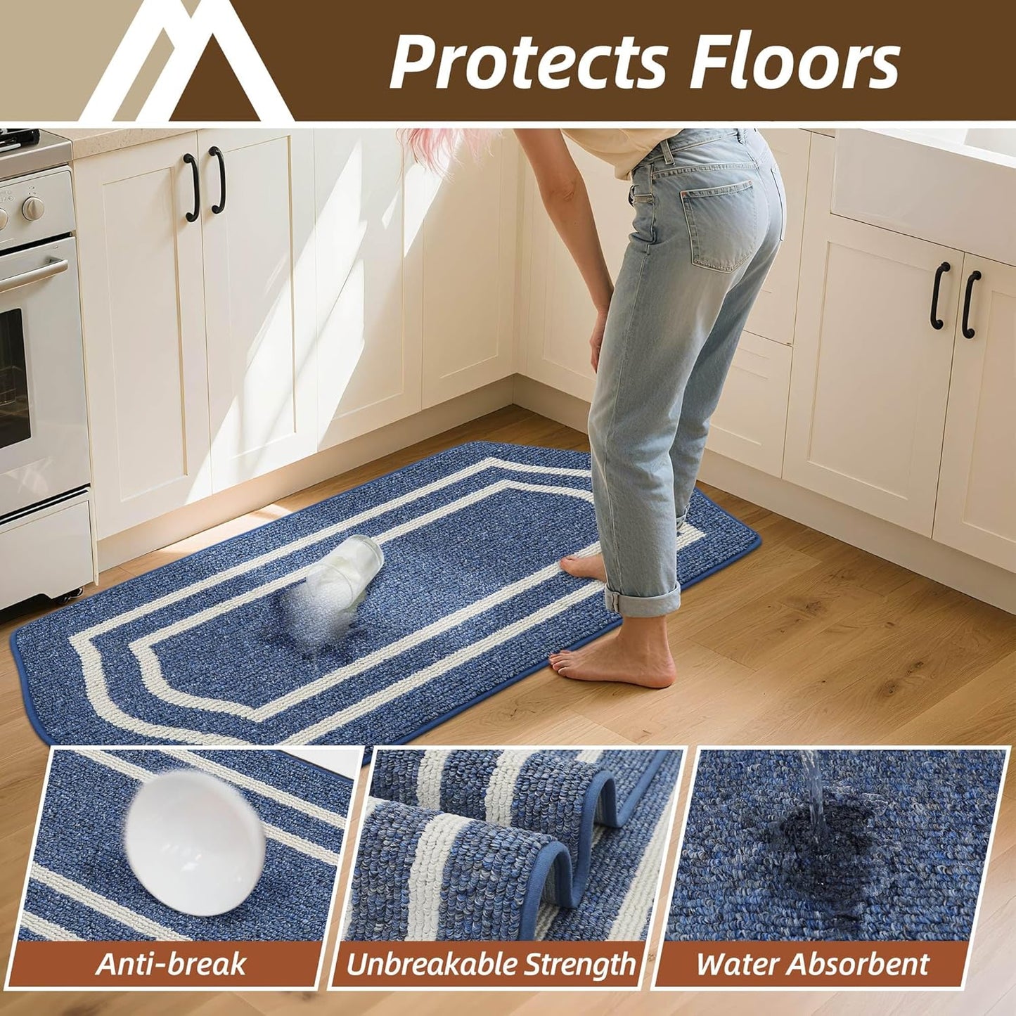 COSY HOMEER Long Kitchen Floor Mats for in Front of Sink Super Absorbent Kitchen Rugs and Mats 24"x48" Non-Skid Kitchen Mat Standing Mat Washable,Polypropylene,Blue,Frame