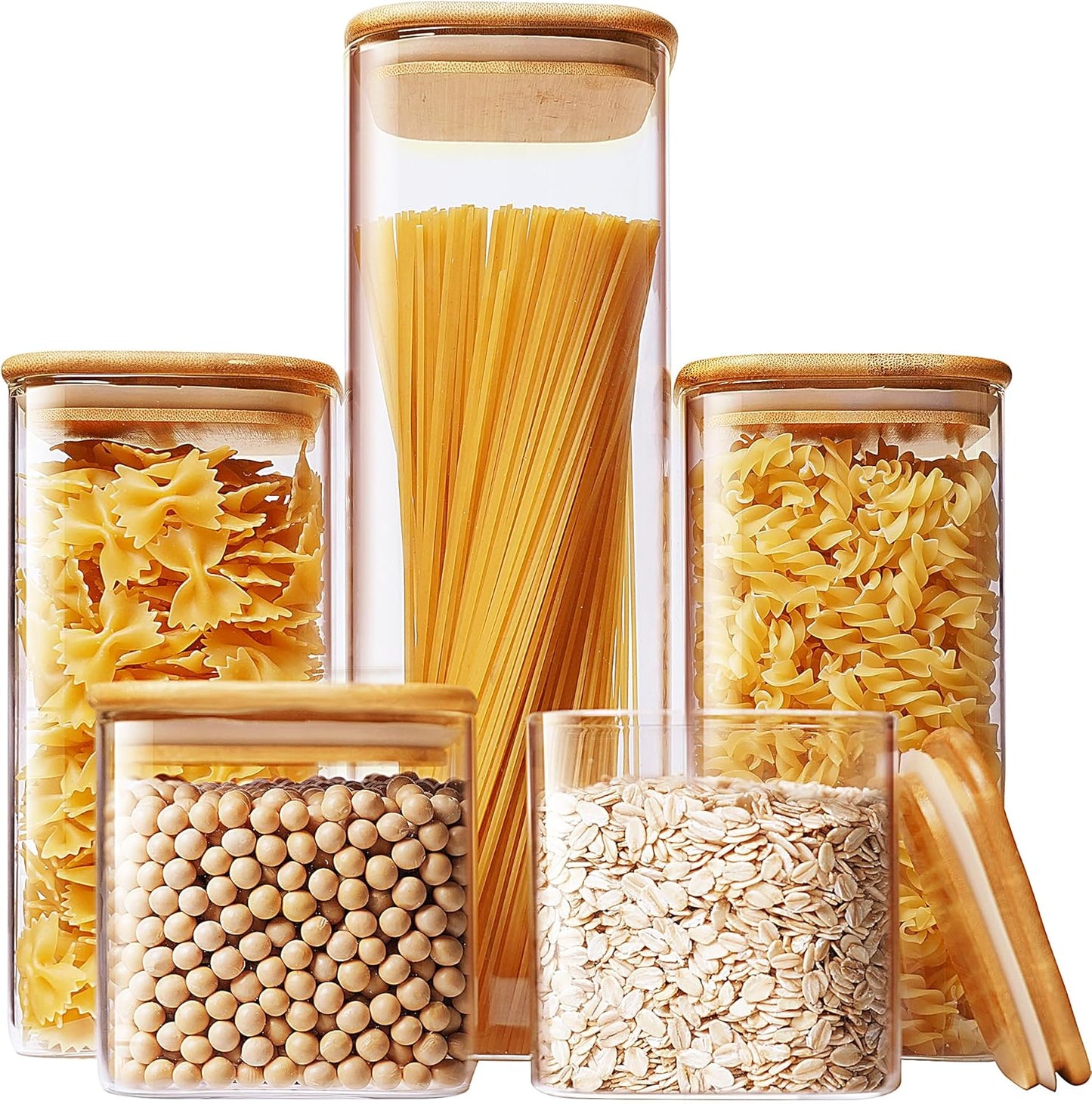 Square Glass Jars with Bamboo Lids [Muti Size Set of 5], Glass Canisters with Airtight Lids, Glass Food Storage Containers for Pasta, Cereal, Flour, Sugar, Best for Kitchen & Pantry