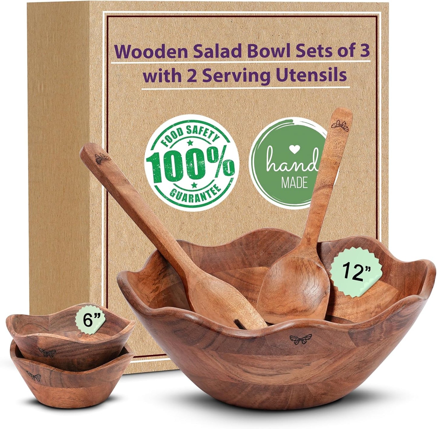 Melvvi Large Wooden Salad Bowl Set with 2 Small Bowls and 2 Serving Utensils | 12" & 6" Acacia Wood Bowls for Food | Great Gift for Kitchen & Dining (Natural Set of 5) (Natural Set of 5)