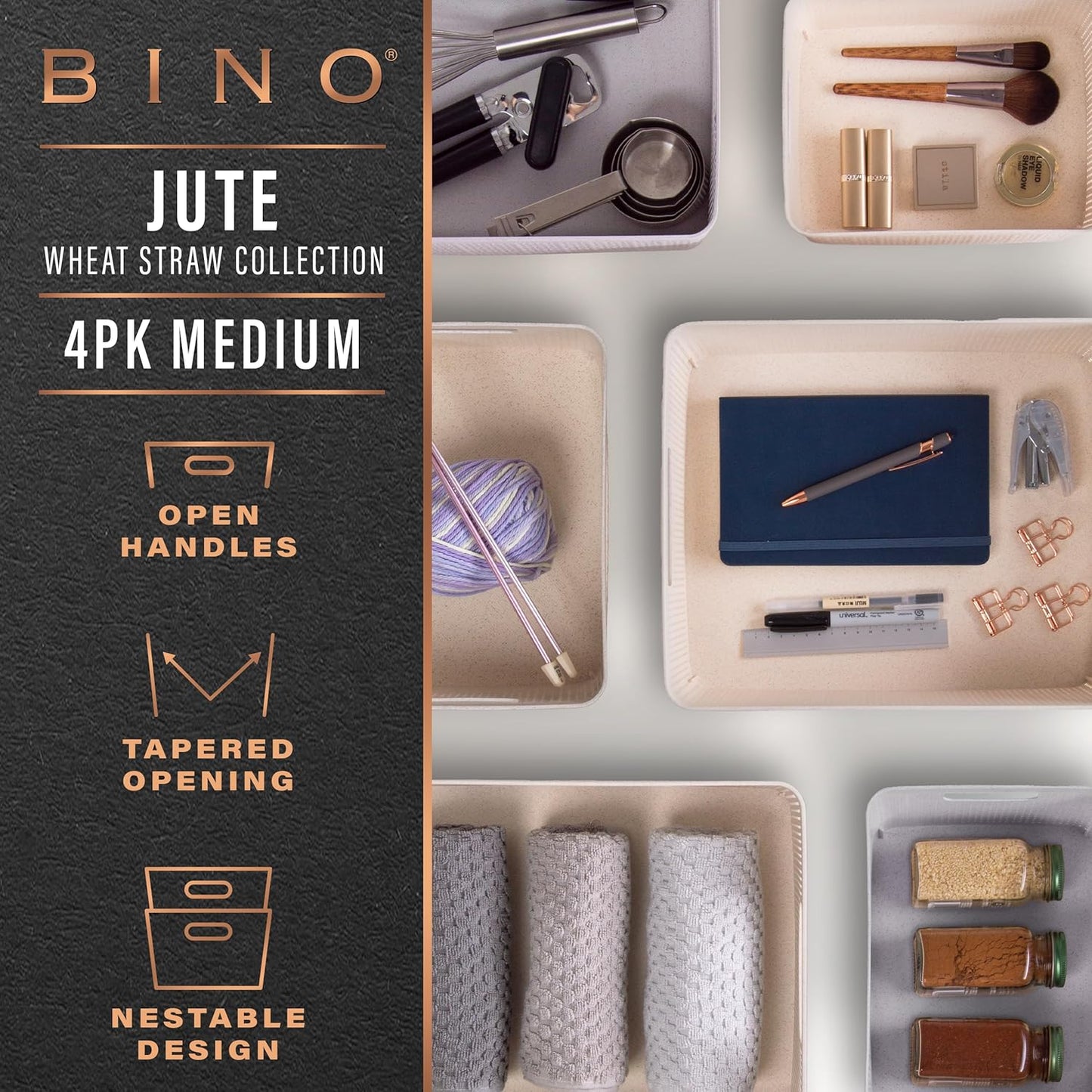 BINO | Woven Plastic Basket | Small (Natural Grey), 4-Pack | THE JUTE COLLECTION | Home Organization, Space - Saving Storage, Stylish Design | Jute Basket | Plastic Storage Basket