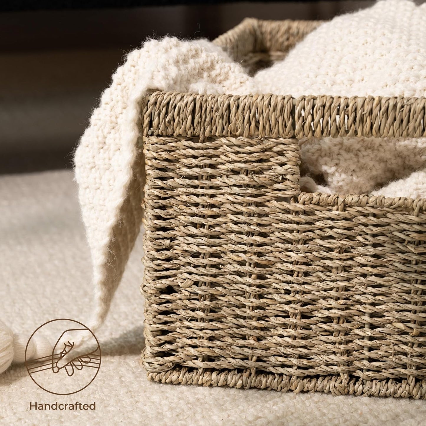 StorageWorks Wicker Storage Baskets, Handwoven Seagrass Basket for Organizing, Decorative Organizers with Built-in Handles, Set of 2