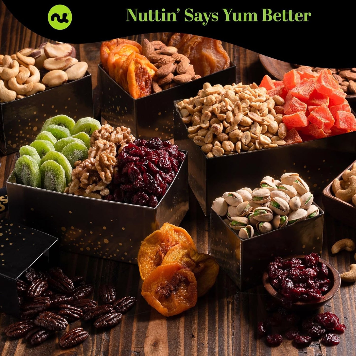 NUT CRAVINGS Gourmet Collection - Happy Birthday Treats, Nuts & Dried Fruits Tower Gift Basket with Bday Ribbon (12 Assortments) Food Arrangement, Healthy Snack Care Package, Food Assortments