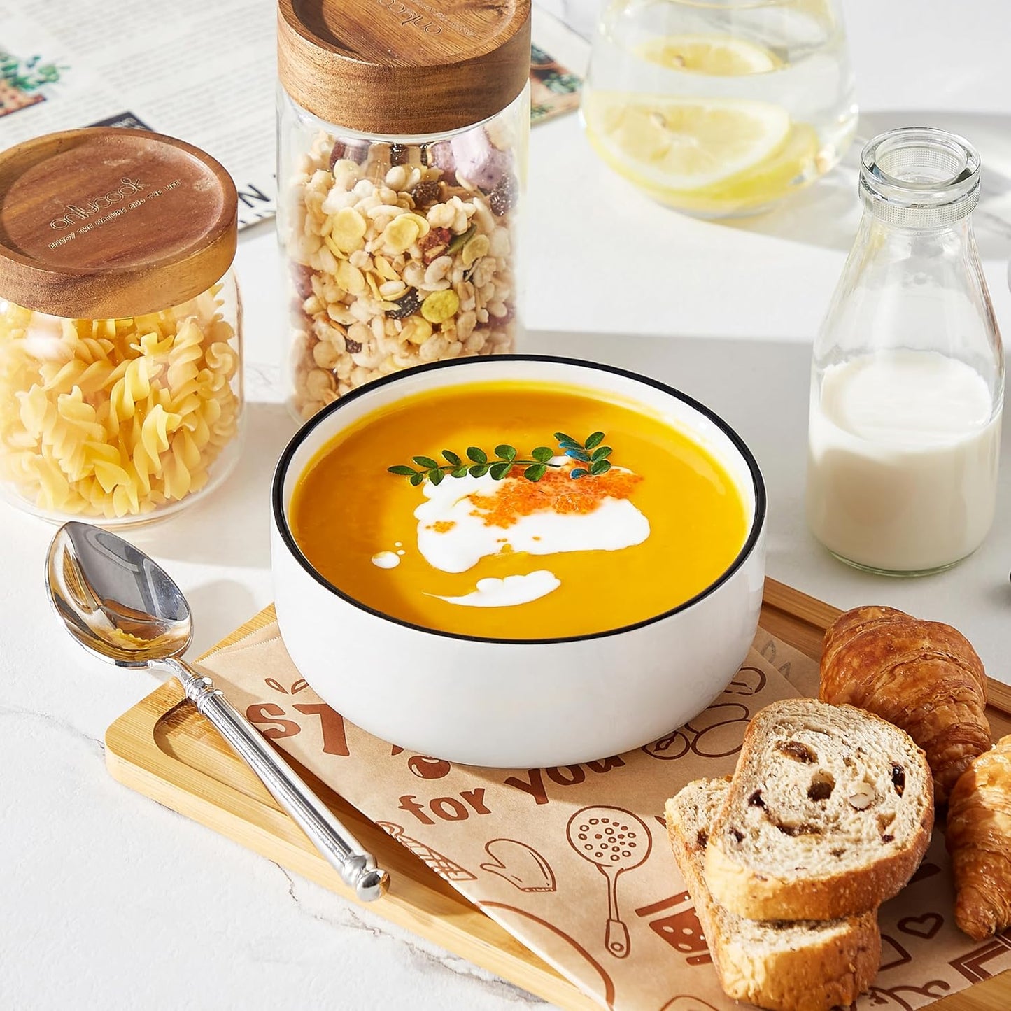 MALACASA 24 OZ Cereal Bowls, Porcelain Soup Oatmeal Bowls Set of 6, White Kitchen Ceramic Serving Bowl wtih Black Rim, Dishwasher Microwave Oven Safe, White, Series LUNA