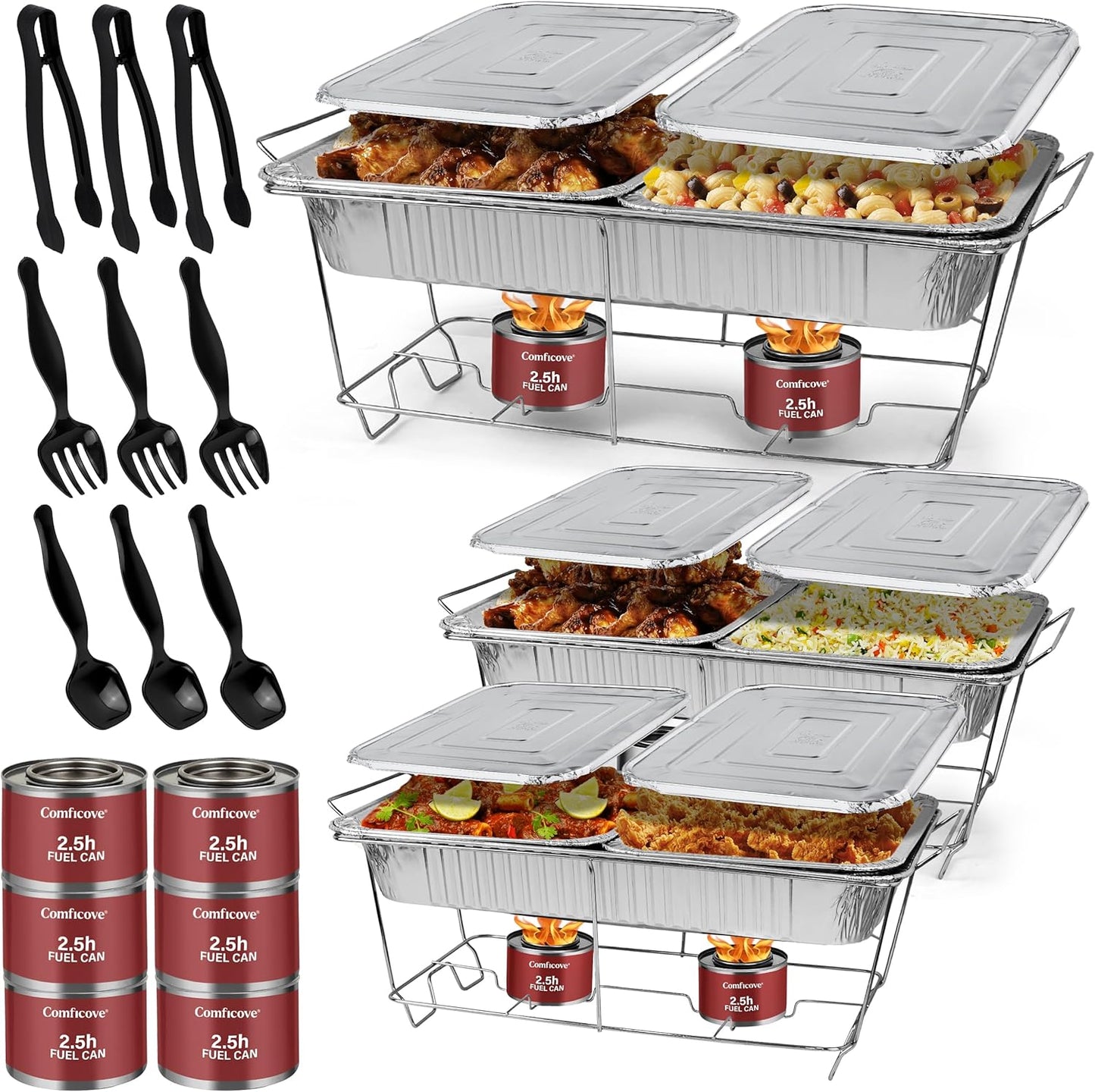 Disposable Chafing Dish Buffet Set, 33 Piece of Chafing Servers with Food Warmers, Covers, Half-Size Food Pans, Water Trays, Serving Utensils, Foil Lids and 4Hr Fuel Cans for Parties, Catering