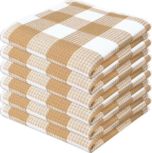 Waffle Weave Plaid Dish Cloths, 100% Cotton - 12 x 12 Inches, Ultra Soft Absorbent Quick Drying Dish Towels Buffalo Check Dish Rags for Kitchen, 6 Pack - Spring Summer - Beige and White