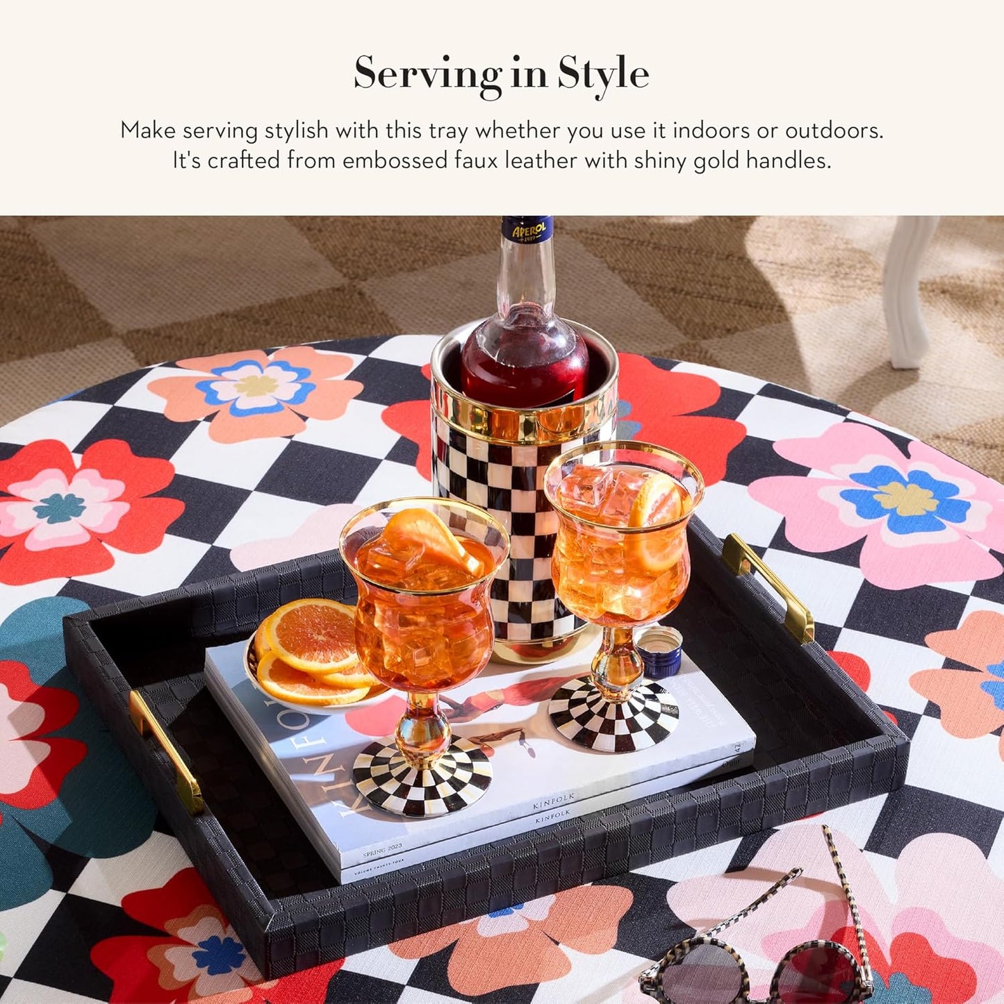 MACKENZIE-CHILDS Black Faux-Leather Tray with Handles, Rectangular Tray for Serving, Small