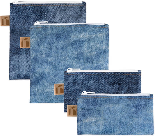 Roamio Reusable Sandwich and Snack Bags, for Kids School Lunch and for Adults Portion, Washable Fabric, Waterproof Cloth Zip Bag, Pack Travel Pouch, Food-Safe Storage, 4-pack Set Faux Denim On Denim