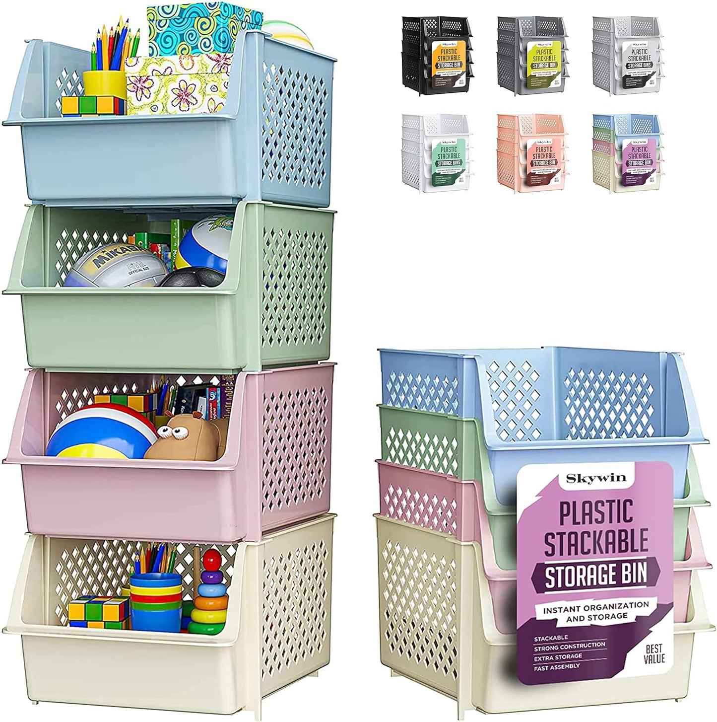 TidyFriend Stackable Storage Bins for Pantry, 4 Pack Stackable Bins For Organizing Food, Kitchen, and Bathroom Essentials (Multi)