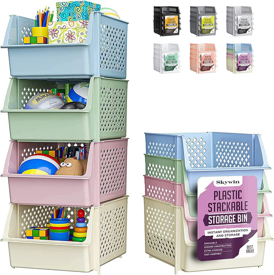 TidyFriend Stackable Storage Bins for Pantry, 4 Pack Stackable Bins For Organizing Food, Kitchen, and Bathroom Essentials (Multi)